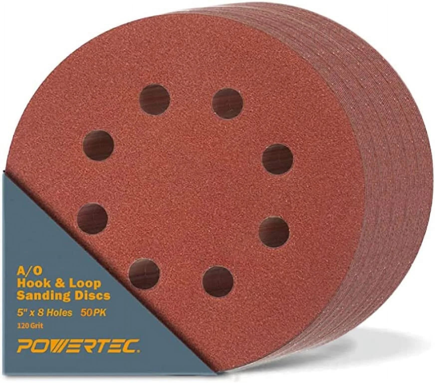 POWERTEC 50PK 5 Inch 8 Hole Hook and Loop 120 Grit Sanding Discs, Sandpaper for Random Orbital Sanders (45012-P2)