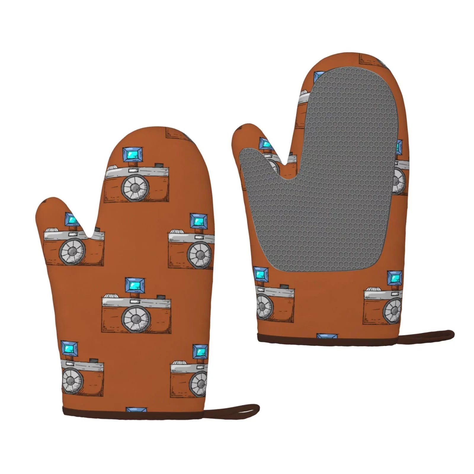 XMXT 2 Pcs Silicone Oven Mitts, Camera Illustration Print Thickened Non-Slip BBQ Gloves, Brown