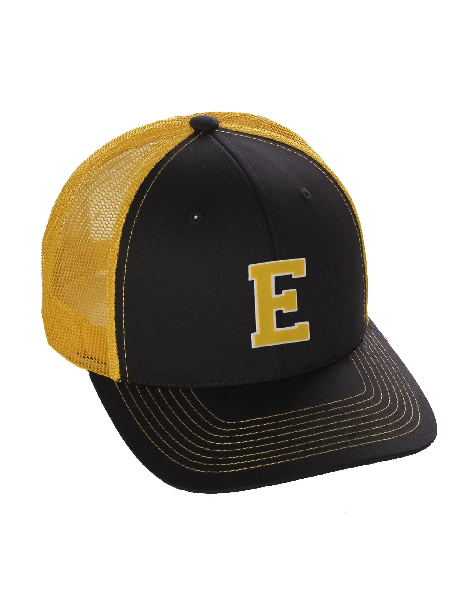 Structured Trucker Mesh Hat Custom Colors Letter E Initial Baseball Mid Profile (Black Gold White Gold)