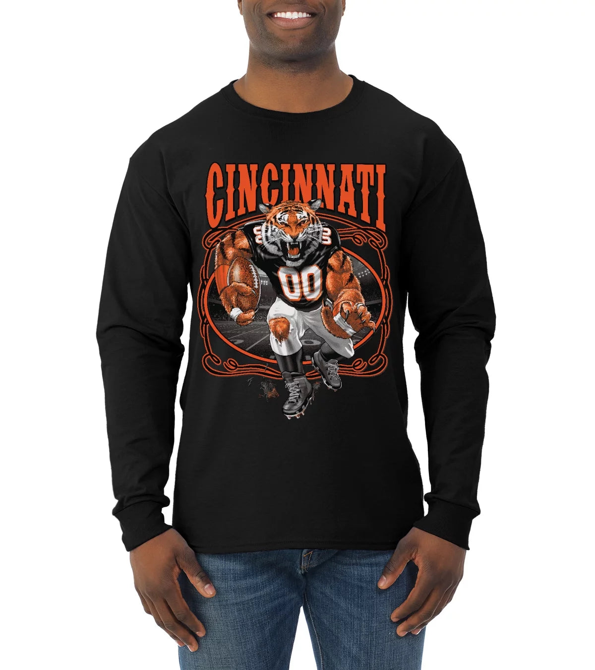 Wild Bobby Cincinnati Fan | CIN Fantasy Football Sports Men Long Sleeve Shirt, Black, Small