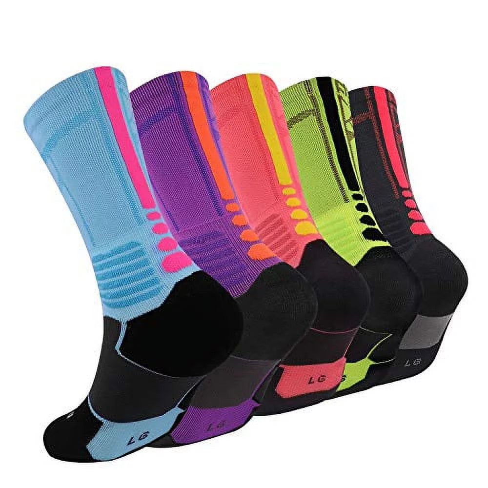 DISILE Elite Basketball Socks, Cushioned Dri-Fit Athletic Crew Socks - Thick Sports Socks For Men & Women (5 Pairs Sort C), Medium