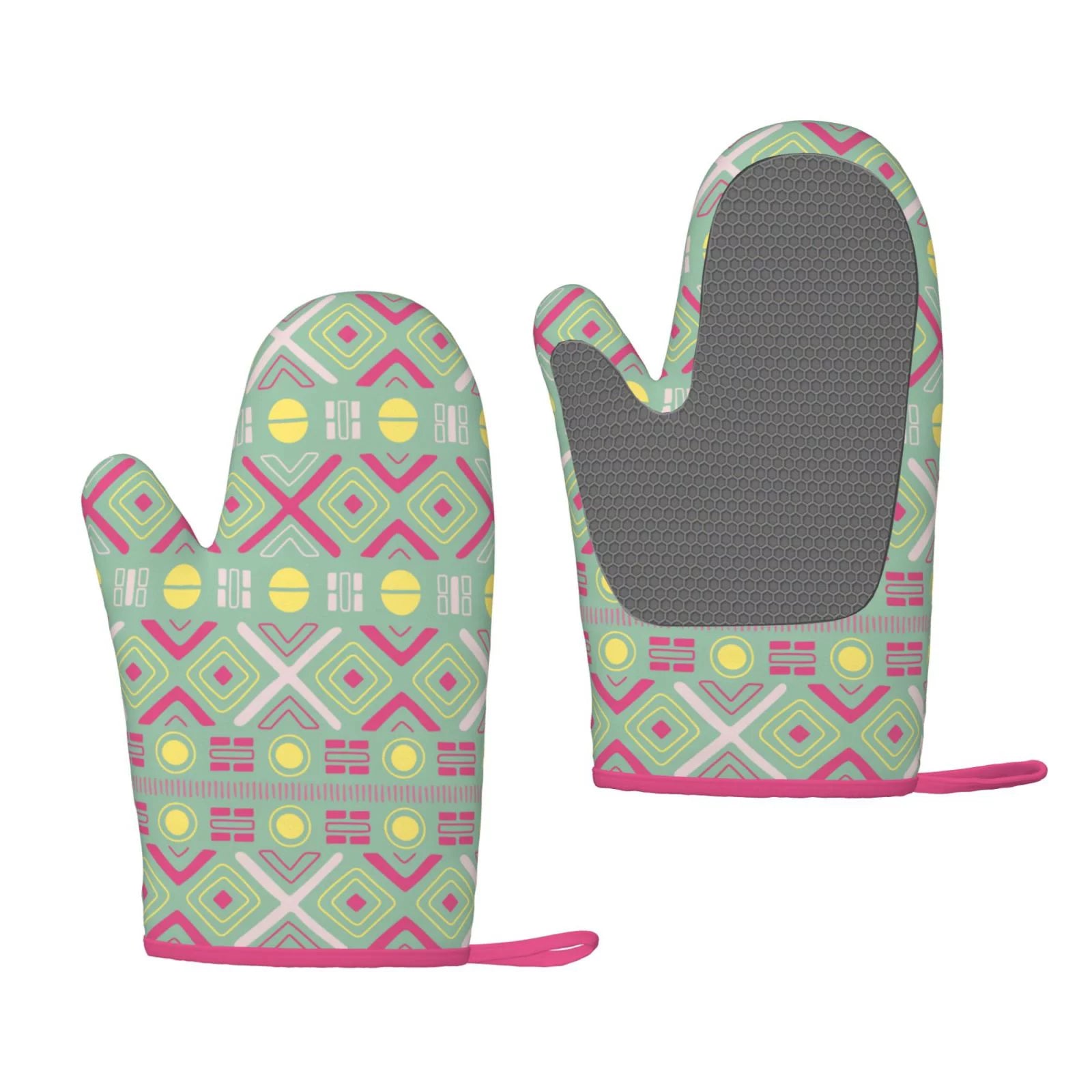 XMXT 2 Pcs Silicone Oven Mitts, Tribal Ethnic Ornament Print Thickened Non-Slip BBQ Gloves, Green