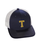Structured Trucker Mesh Hat Custom Colors Letter T Initial Baseball Mid Profile (Navy White White Gold)