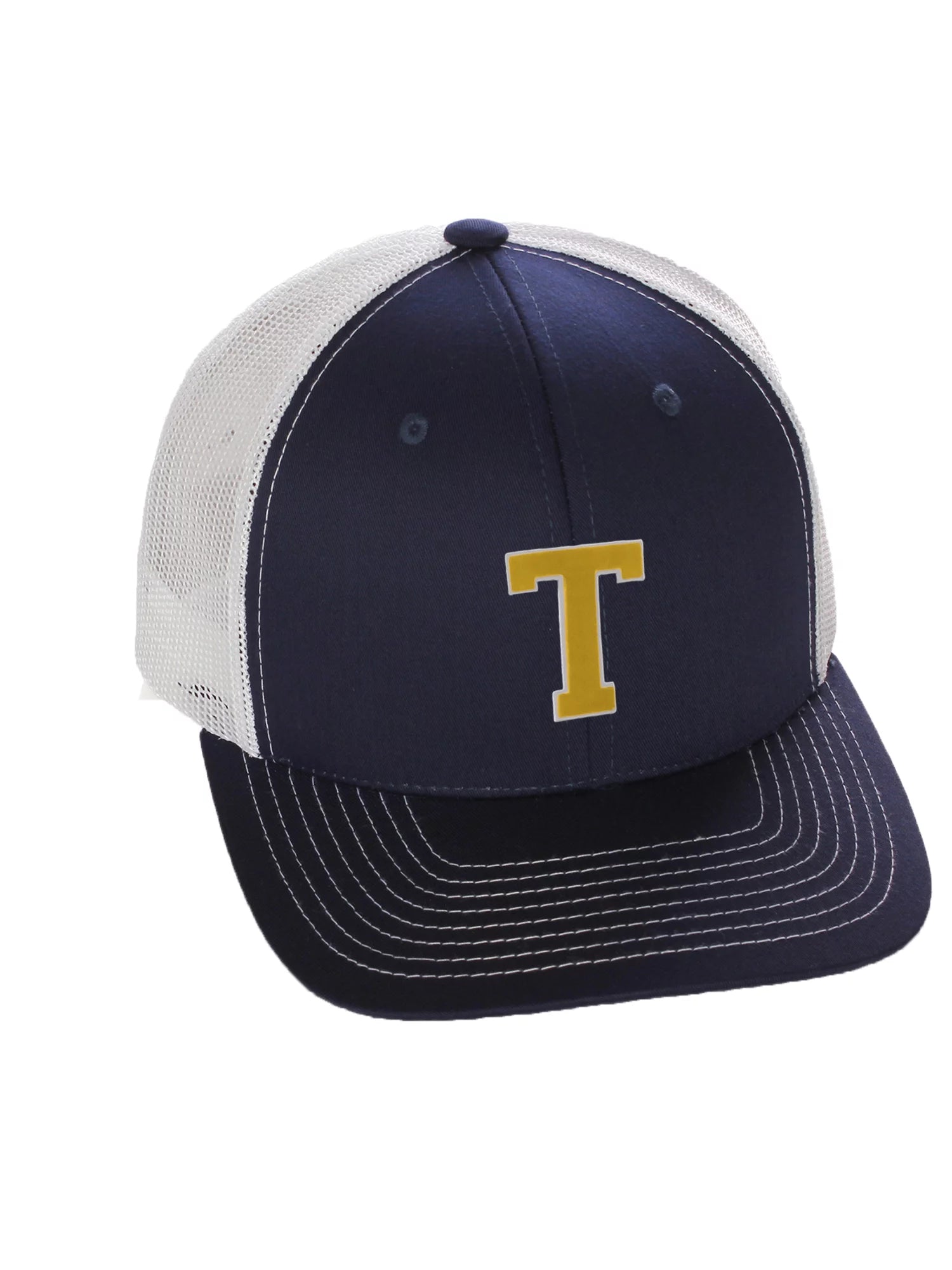Structured Trucker Mesh Hat Custom Colors Letter T Initial Baseball Mid Profile (Navy White White Gold)