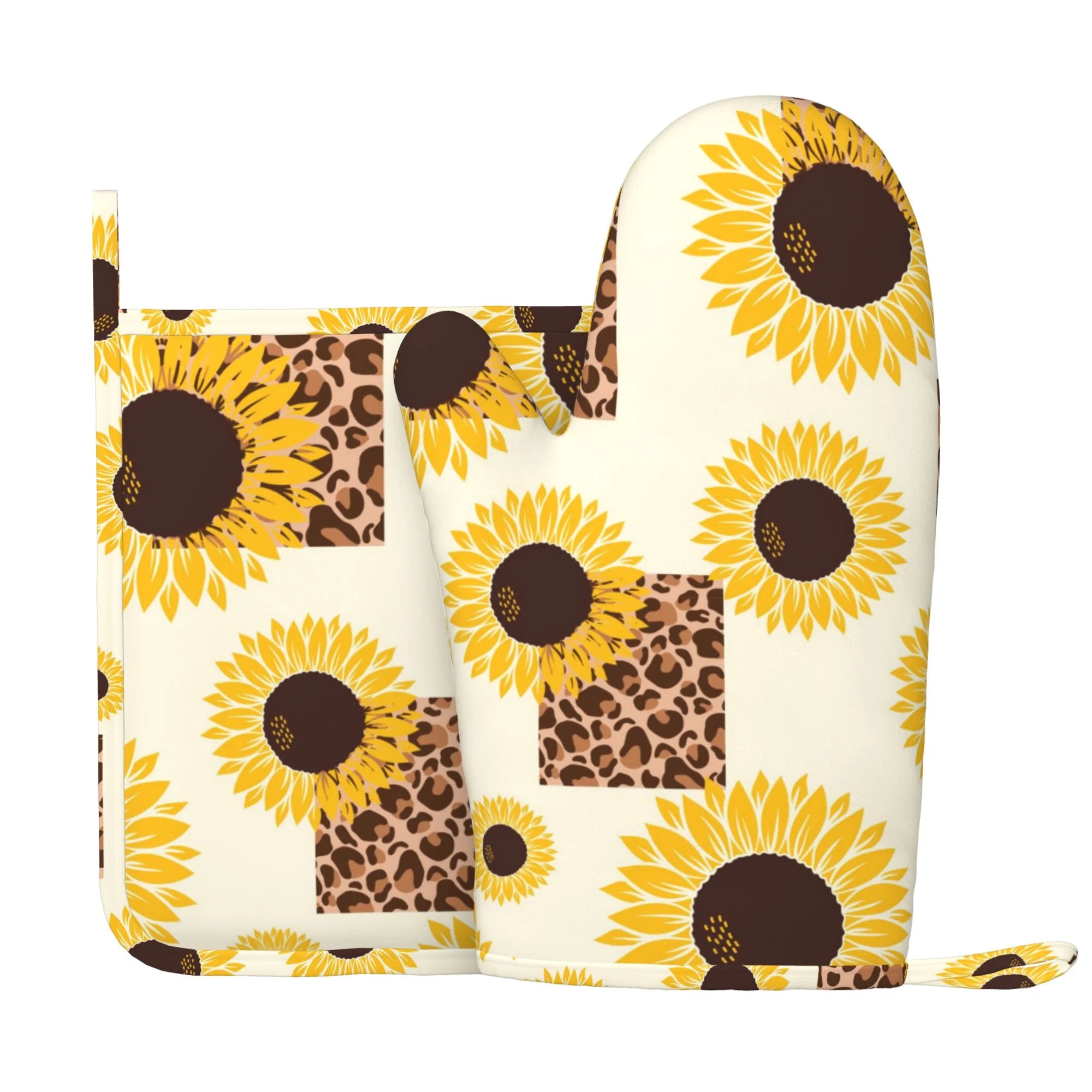 XMXY Oven Mitts and Pot Holders 2 Pcs Sets, Sunflower Leopard Flower Heat Resistant Silicone Cooking Gloves for Grill Baking BBQ Kitchen Decor