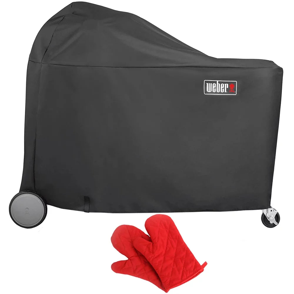 Weber 7174 Premium Grill Cover for Summit Kamado S6/Summit Charcoal Grilling Center Models Bundle with Deco Essentials Pair of Red Heat Resistant Oven Mitt