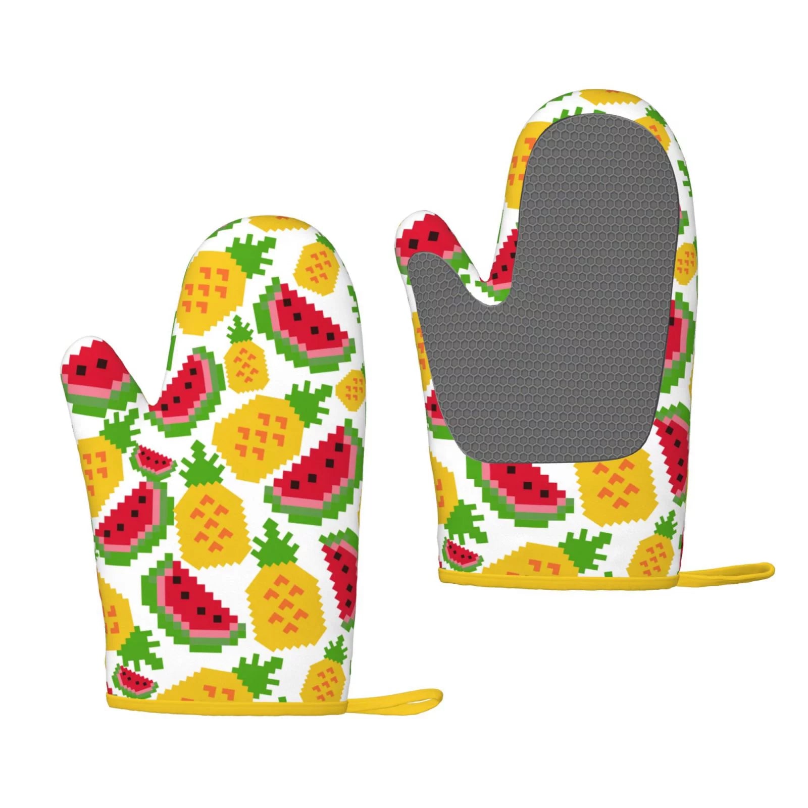 XMXT 2 Pcs Silicone Oven Mitts, Pineapple Watermelon Pixel Print Thickened Non-Slip BBQ Gloves, Multicolor
