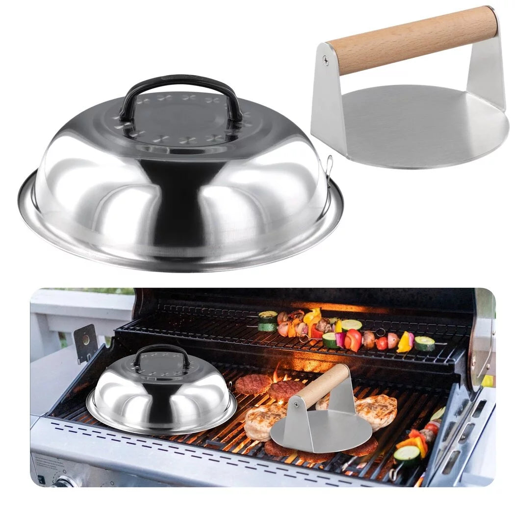 Burger Press and Melting Dome, 5.4-inch Heavy Duty Burger Smasher, 11.4-inch Round Basting Cover, Stainless Steel Burger Press and Melting Dome for Indoor & Outdoor Flat-top Grilling, Cooking