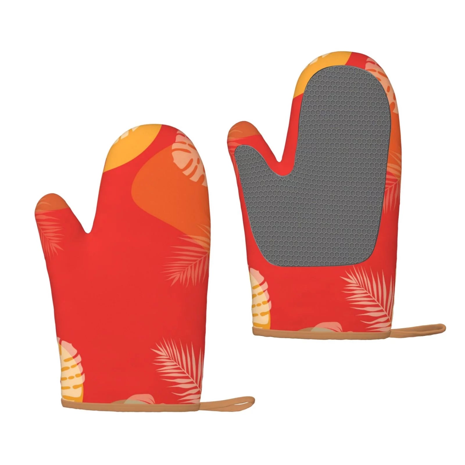 XMXT 2 Pcs Silicone Oven Mitts, Tropical Plant Decoration Red Thickened Non-Slip BBQ Gloves, Red