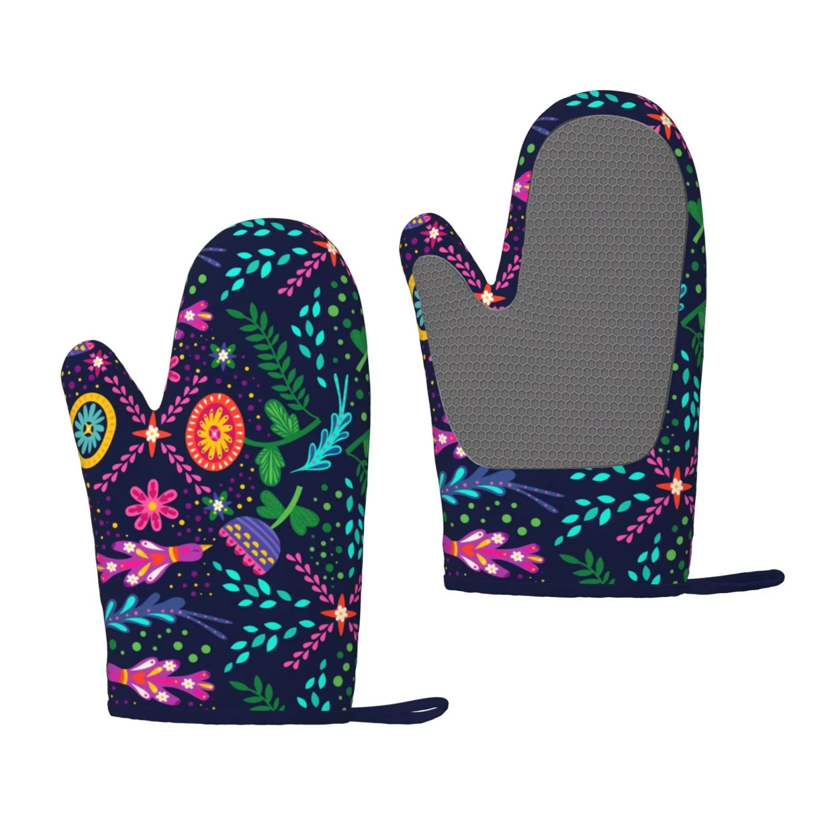 XMXT 2 Pcs Silicone Oven Mitts, Flower Bird Illustration Thickened Non-Slip BBQ Gloves, Multicolor