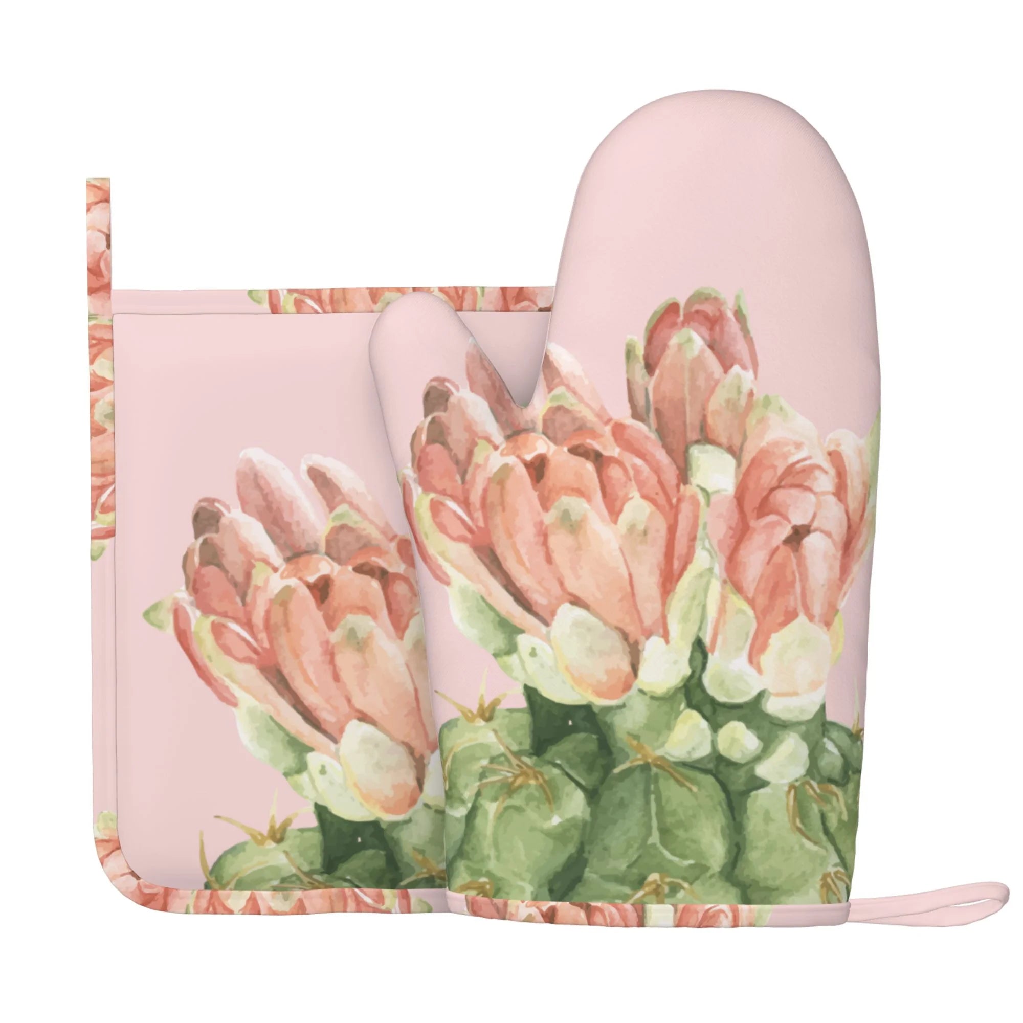 XMXY Oven Mitts and Pot Holders 2 Pcs Sets, Pink Cactus Plant Heat Resistant Silicone Cooking Gloves for Grill Baking BBQ Kitchen Decor