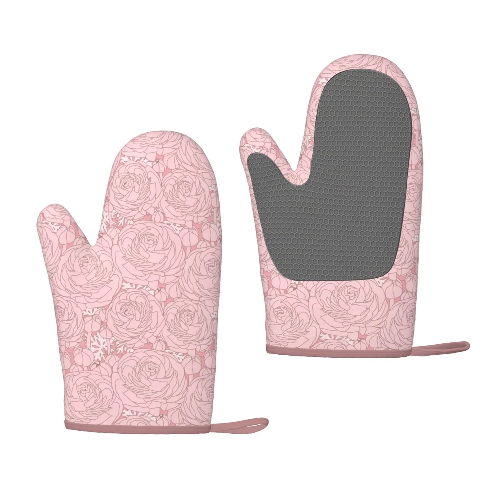 XMXT 2 Pcs Silicone Oven Mitts, Pink Romantic Rose Print Thickened Non-Slip BBQ Gloves, Pink