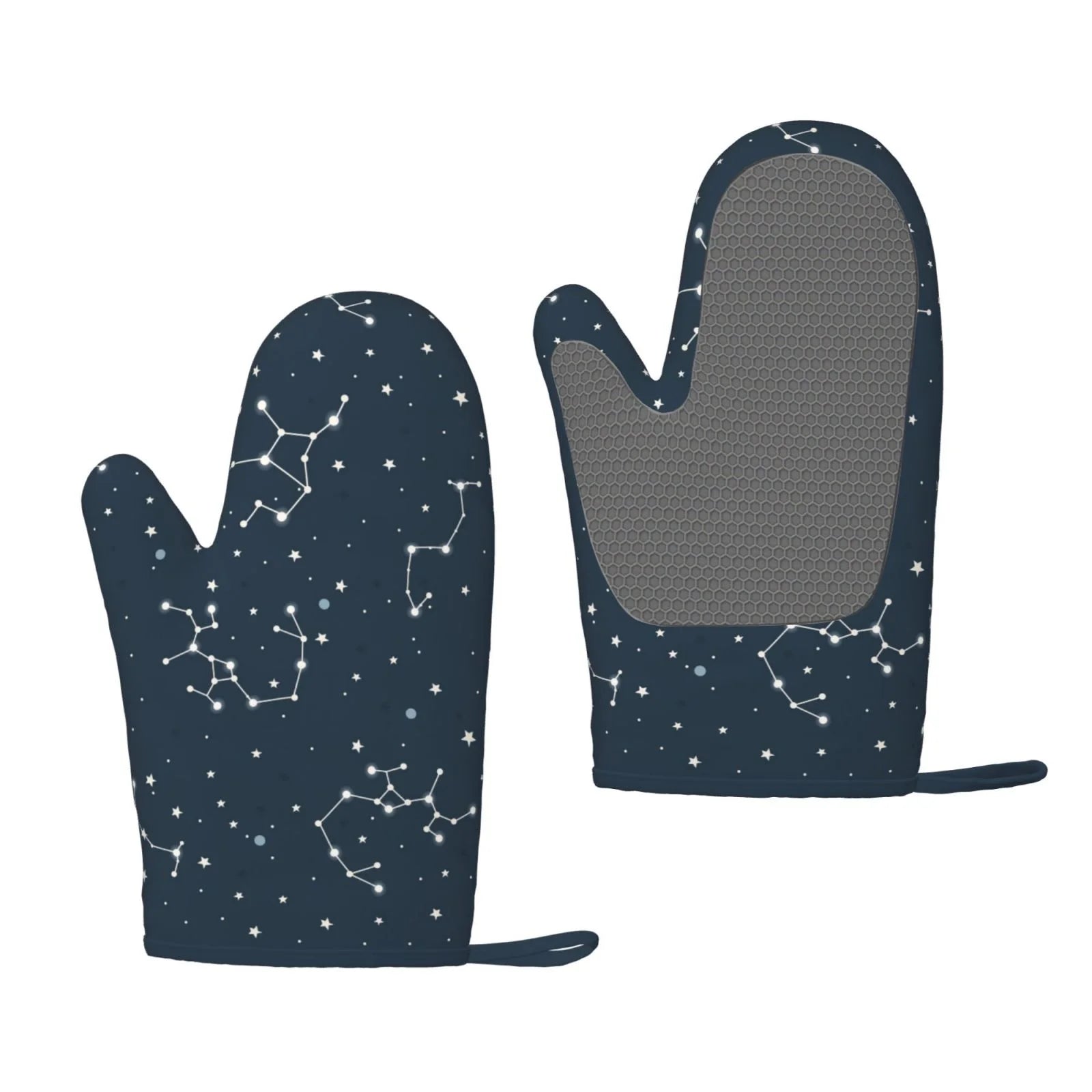 XMXT 2 Pcs Silicone Oven Mitts, Blue Space Constellation Print Thickened Non-Slip BBQ Gloves, Blue