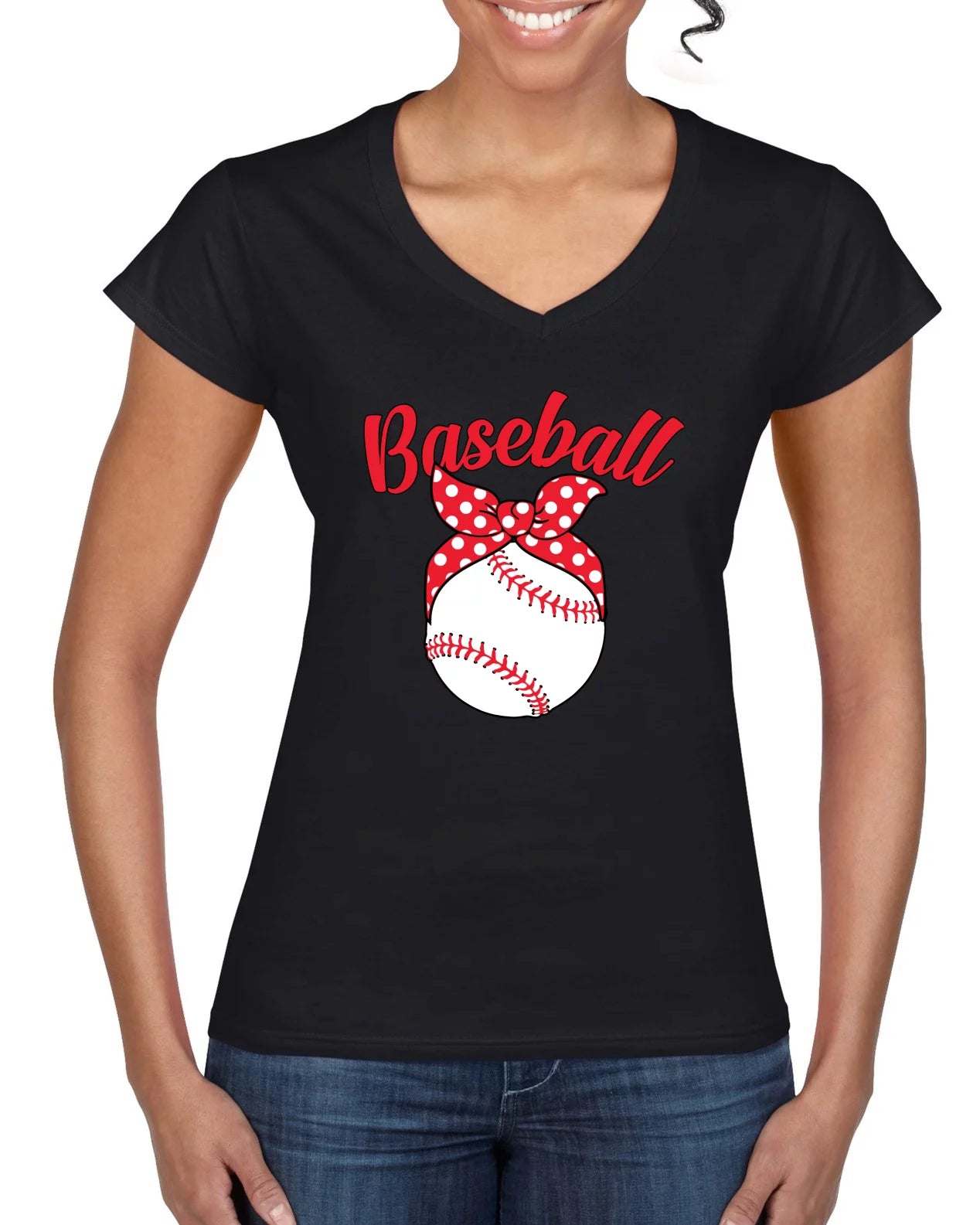 Wild Bobby, Cute Baseball Mom Ribbon Gift, Mother's Day, Women Standard V-Neck Tee, Black, 2XL