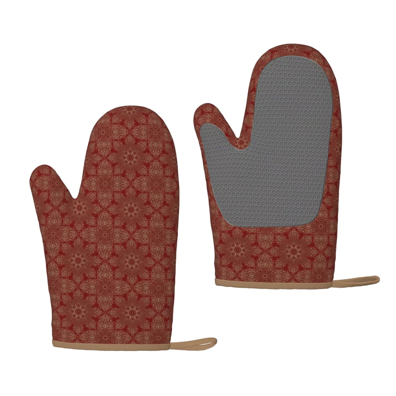 XMXT 2 Pcs Silicone Oven Mitts, Moroccan Red Decorative Print Thickened Non-Slip BBQ Gloves, Red