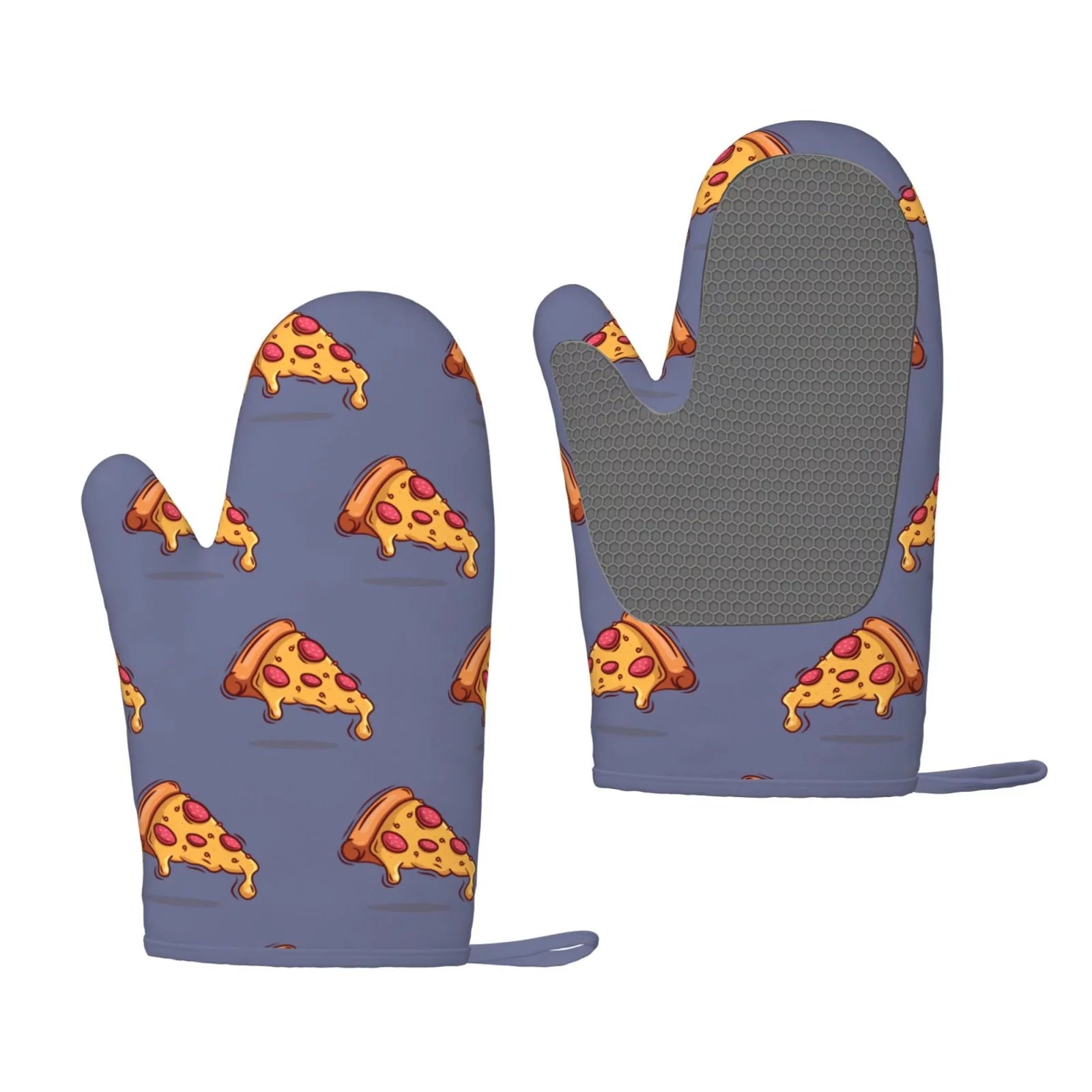 XMXT 2 Pcs Silicone Oven Mitts, Melting Cheese Pizza Blue Thickened Non-Slip BBQ Gloves, Blue