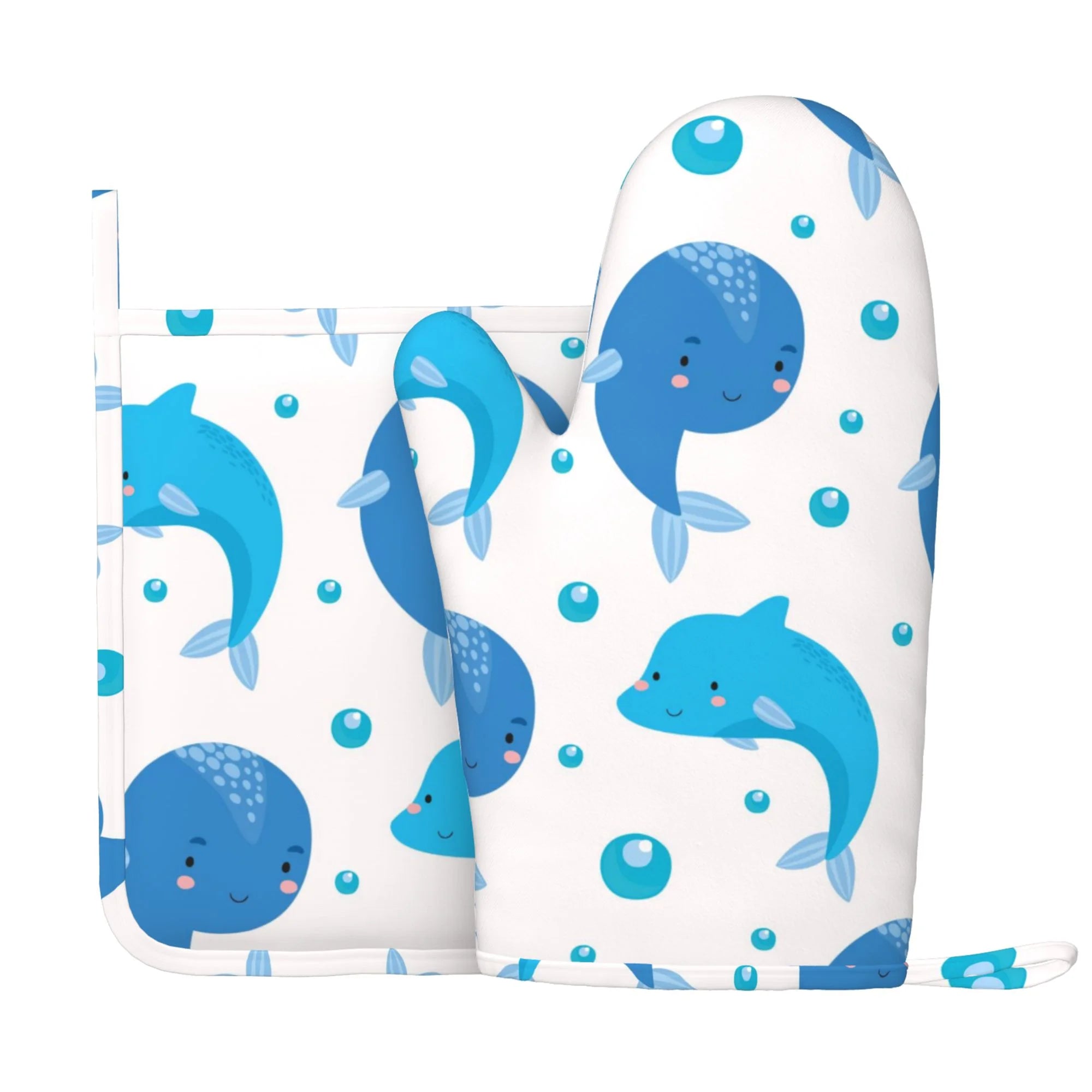 XMXY Oven Mitts and Pot Holders 2 Pcs Sets, Whale Dolphin Pattern Heat Resistant Silicone Cooking Gloves for Grill Baking BBQ Kitchen Decor