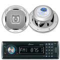 Lanzar AQMP70BTB Single DIN In Dash Bluetooth AUX USB MMC SD MP3 Boat Receiver, 2x Lanzar AQ5CXS 5.25 Marine Water Resistant 2 Way 400 Watt Silver Speakers