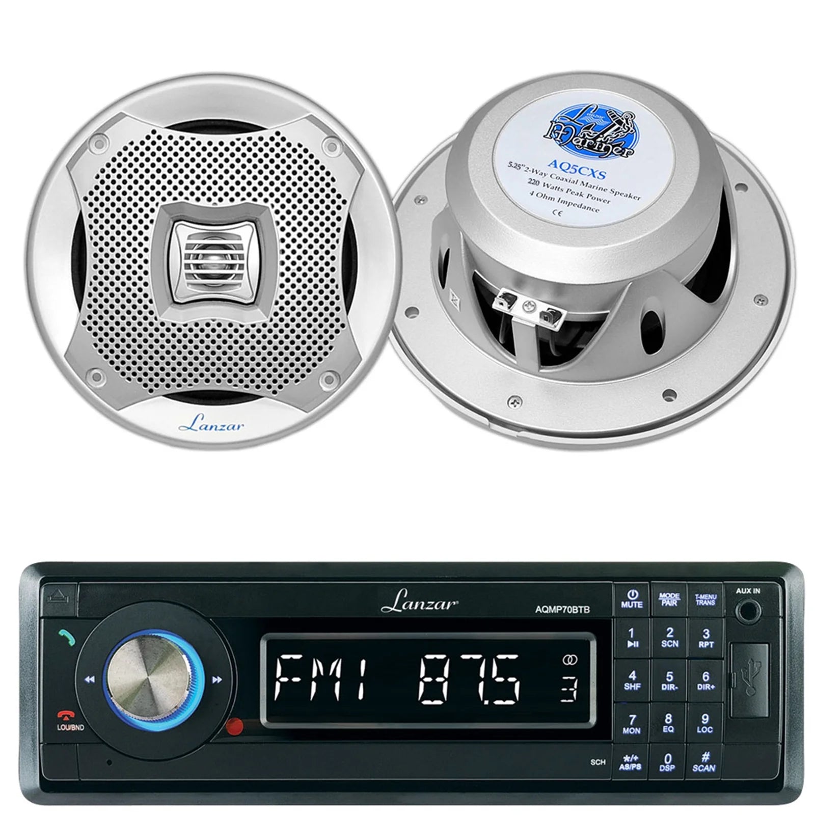 Lanzar AQMP70BTB Single DIN In Dash Bluetooth AUX USB MMC SD MP3 Boat Receiver, 2x Lanzar AQ5CXS 5.25 Marine Water Resistant 2 Way 400 Watt Silver Speakers