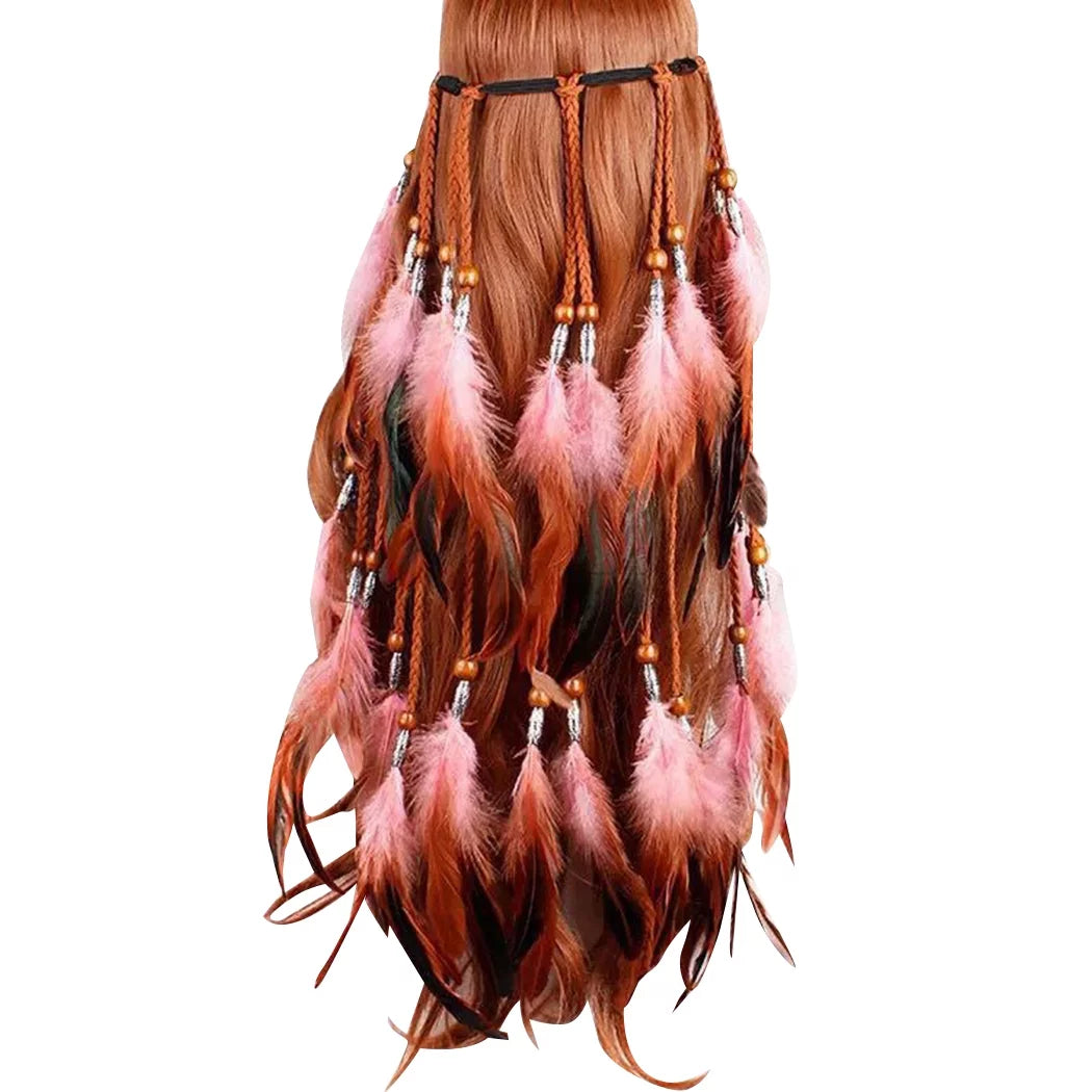 Faux Feather Headband Novelty - Long Wooden Beads Indian Hairband Boho Headdress