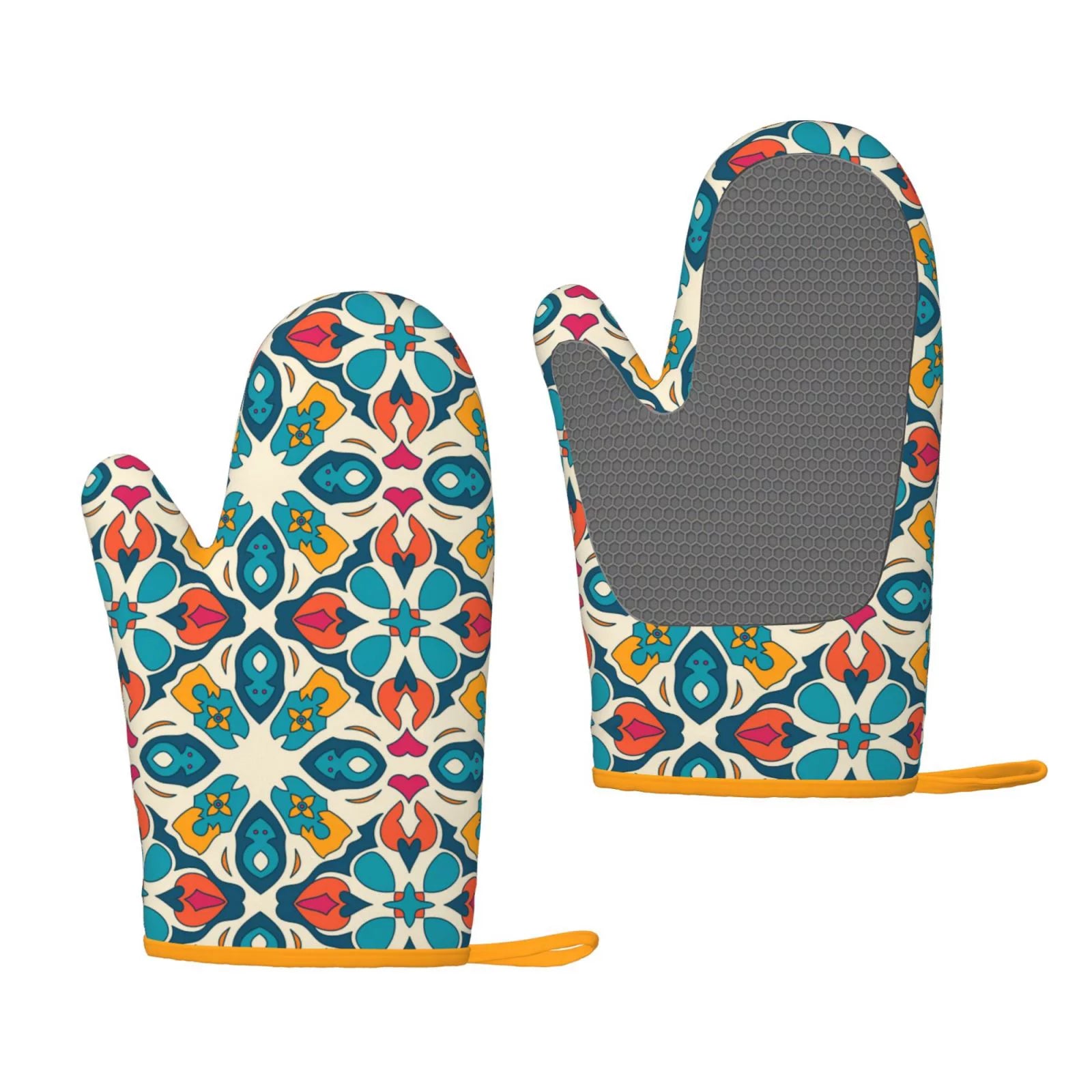 XMXT 2 Pcs Silicone Oven Mitts, Moroccan Style Geometric Print Thickened Non-Slip BBQ Gloves, Multicolor