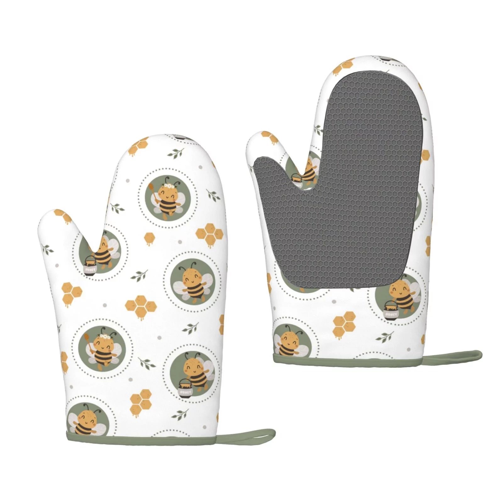 XMXT 2 Pcs Silicone Oven Mitts, Cute Bee Honey Print Thickened Non-Slip BBQ Gloves, Multicolor
