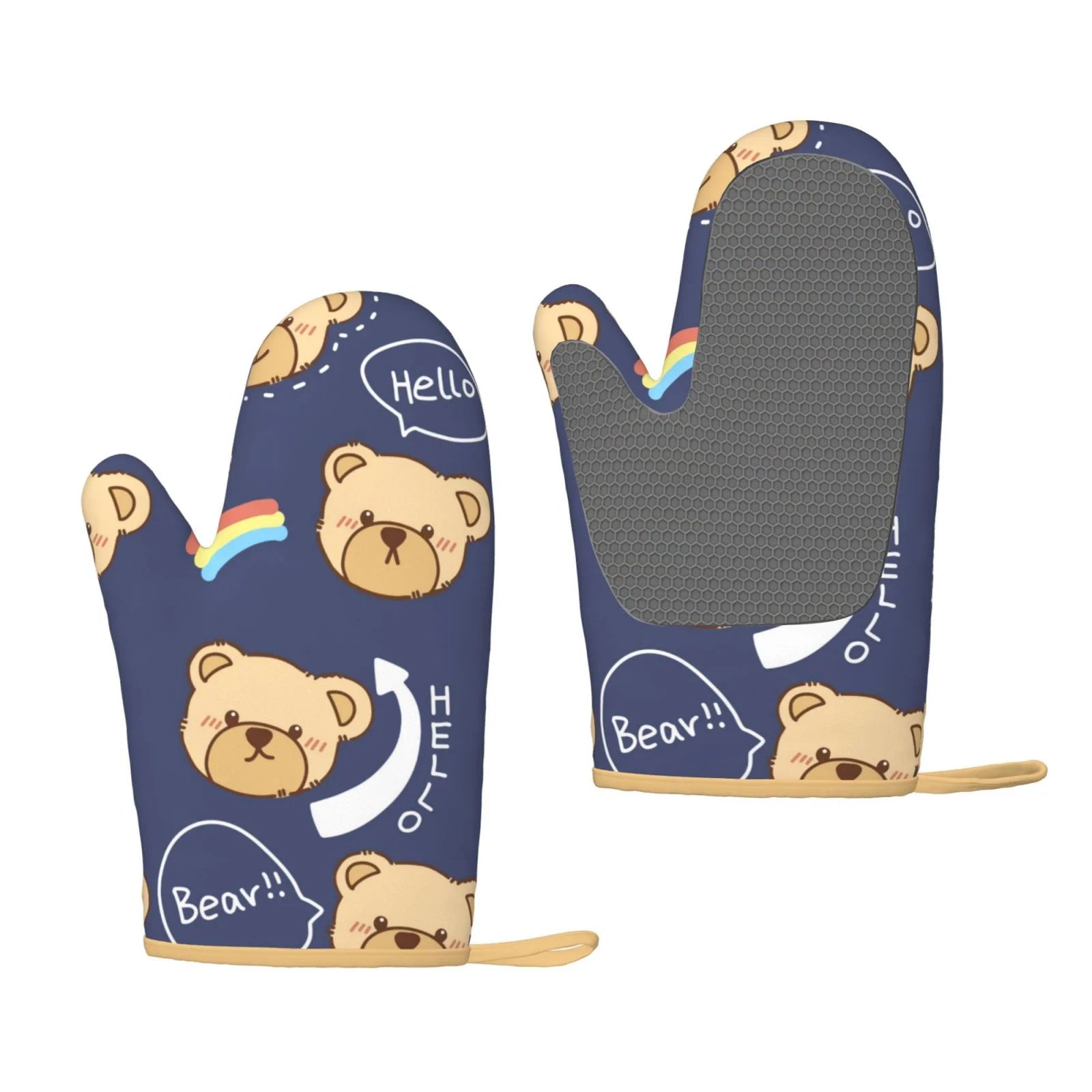 XMXT 2 Pcs Silicone Oven Mitts, Cute Rainbow Bear Print Thickened Non-Slip BBQ Gloves, Blue