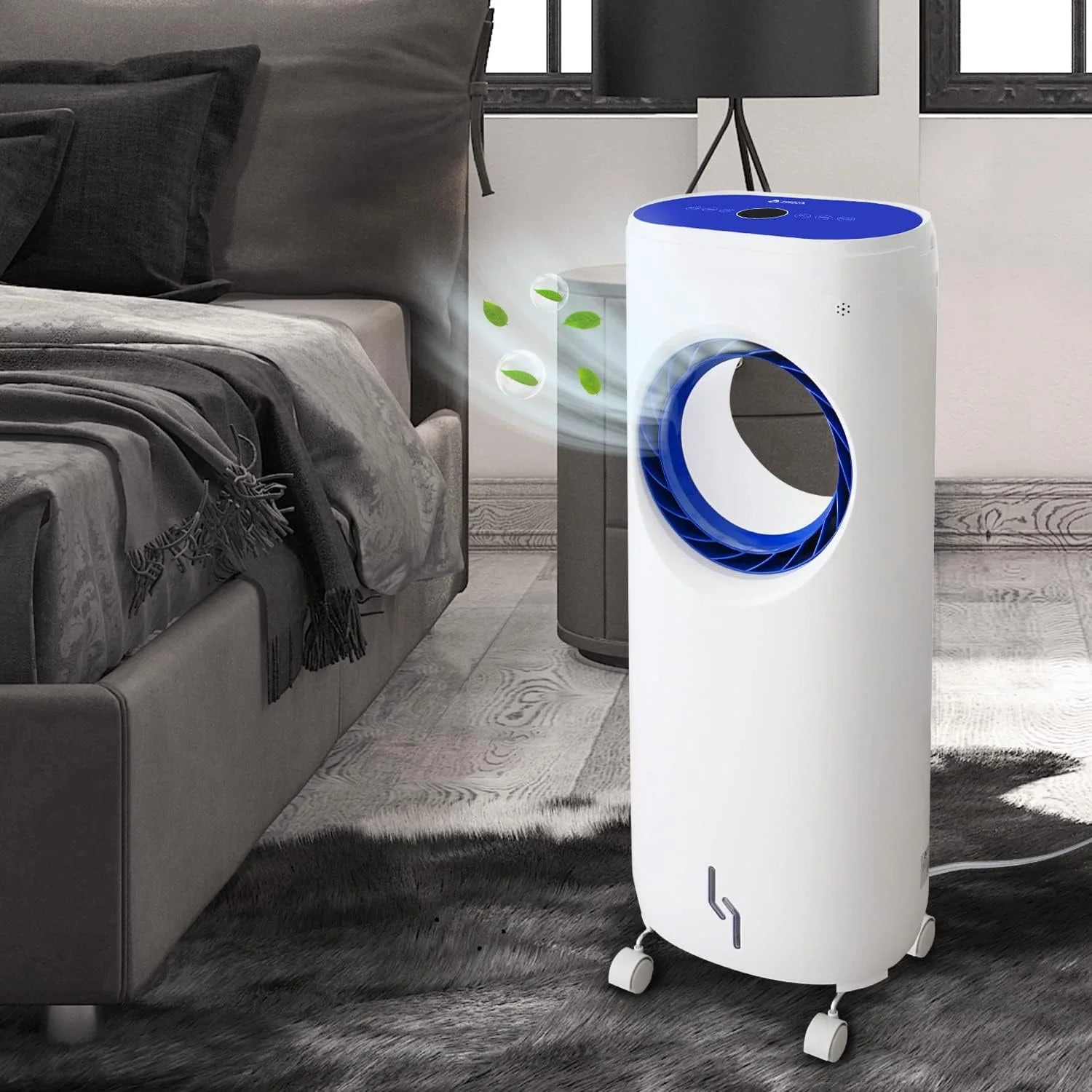 Evaporative Portable Air Tower Fan With Ice Packs. Pet & Child Friendly. 3 Speeds, Low Noise, Bladeless Design And