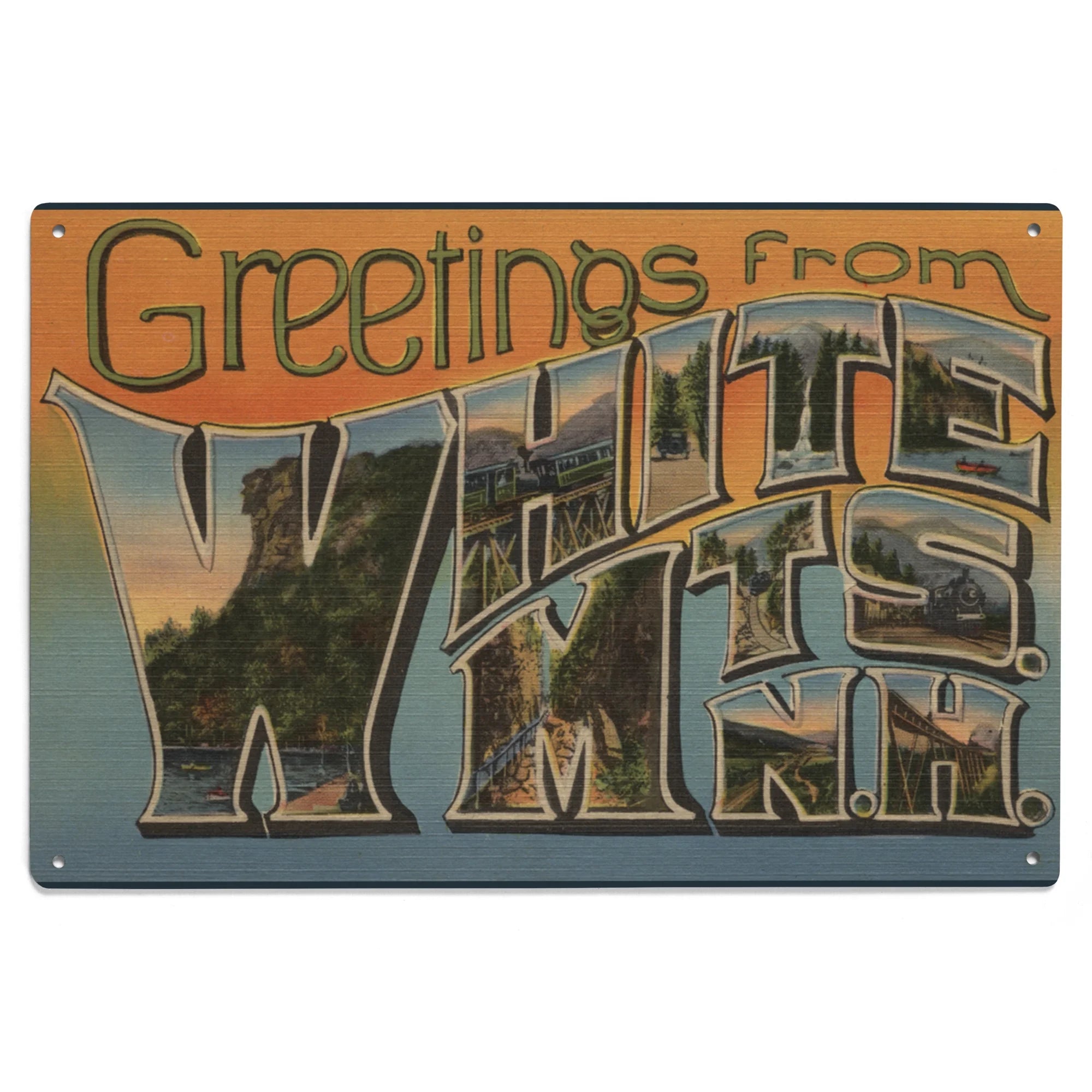 Greetings from White Mountains, NH (Blue/Yellow) Birch Wood Wall Sign (6x9 Rustic Home Decor, Ready to Hang Art)