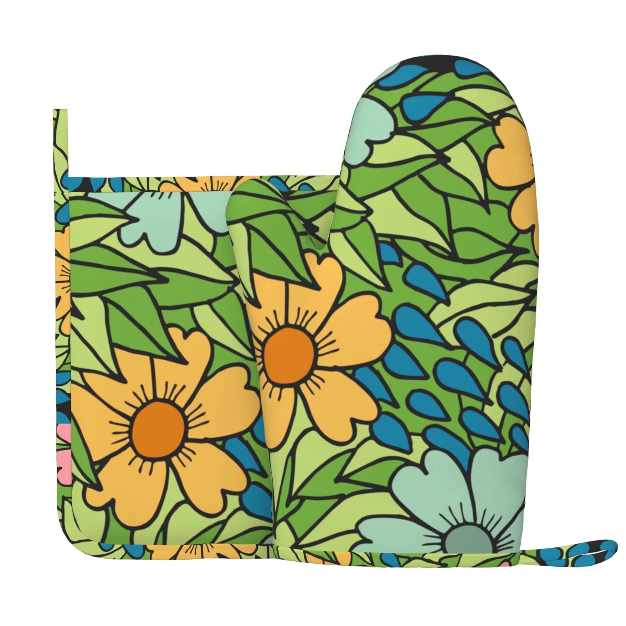 XMXY Oven Mitts and Pot Holders 2 Pcs Sets, Flowers Floral Background Heat Resistant Silicone Cooking Gloves for Grill Baking BBQ Kitchen Decor