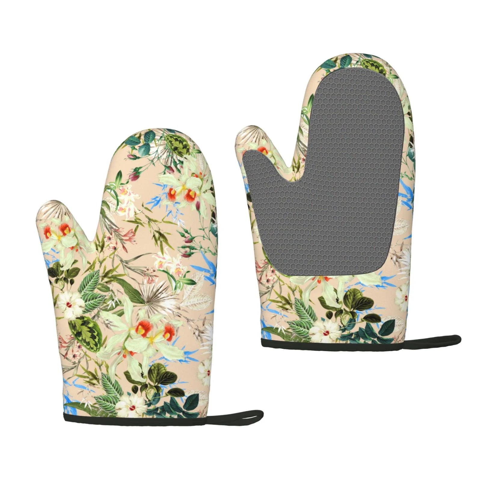 XMXT 2 Pcs Silicone Oven Mitts, European Style Pistil Printing Thickened Non-Slip BBQ Gloves, Multicolor