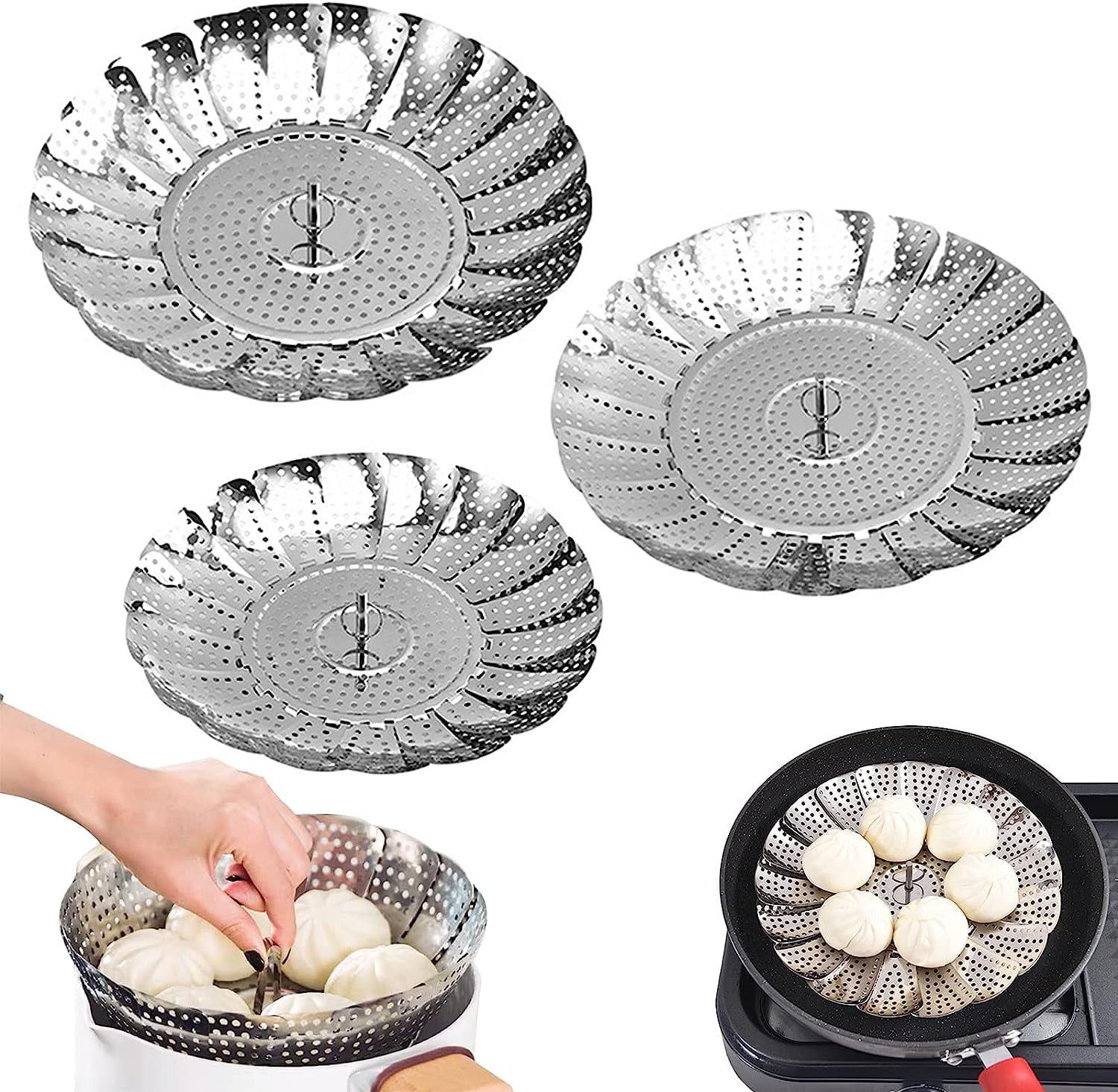 3PCS Folding Steamer Basket, Stainless Steel Fruit and Vegetable Drain Basket, Expandable Steamers with Removable Handle to Fits Various Size Pot, Great for Veggie Fish Seafood Cooking