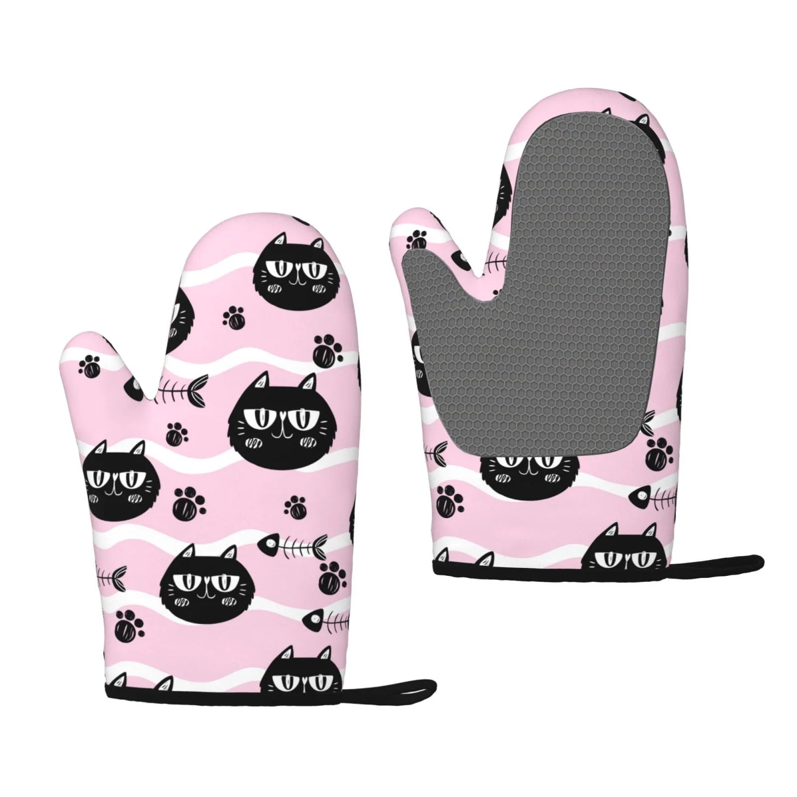 XMXT 2 Pcs Silicone Oven Mitts, Black Cat Fishbone Print Thickened Non-Slip BBQ Gloves, Pink