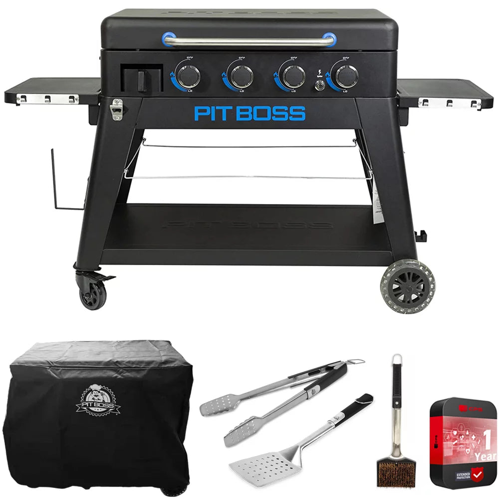 Pit Boss 10782 Portable 4-Burner Lift-Off Griddle, PB4BGD2 Bundle with Pit Boss Griddle Cover, Cleaning Brush, Soft Touch All-In-One Spatula, Soft Touch BBQ Tongs and 1 YR CPS Protection Pack
