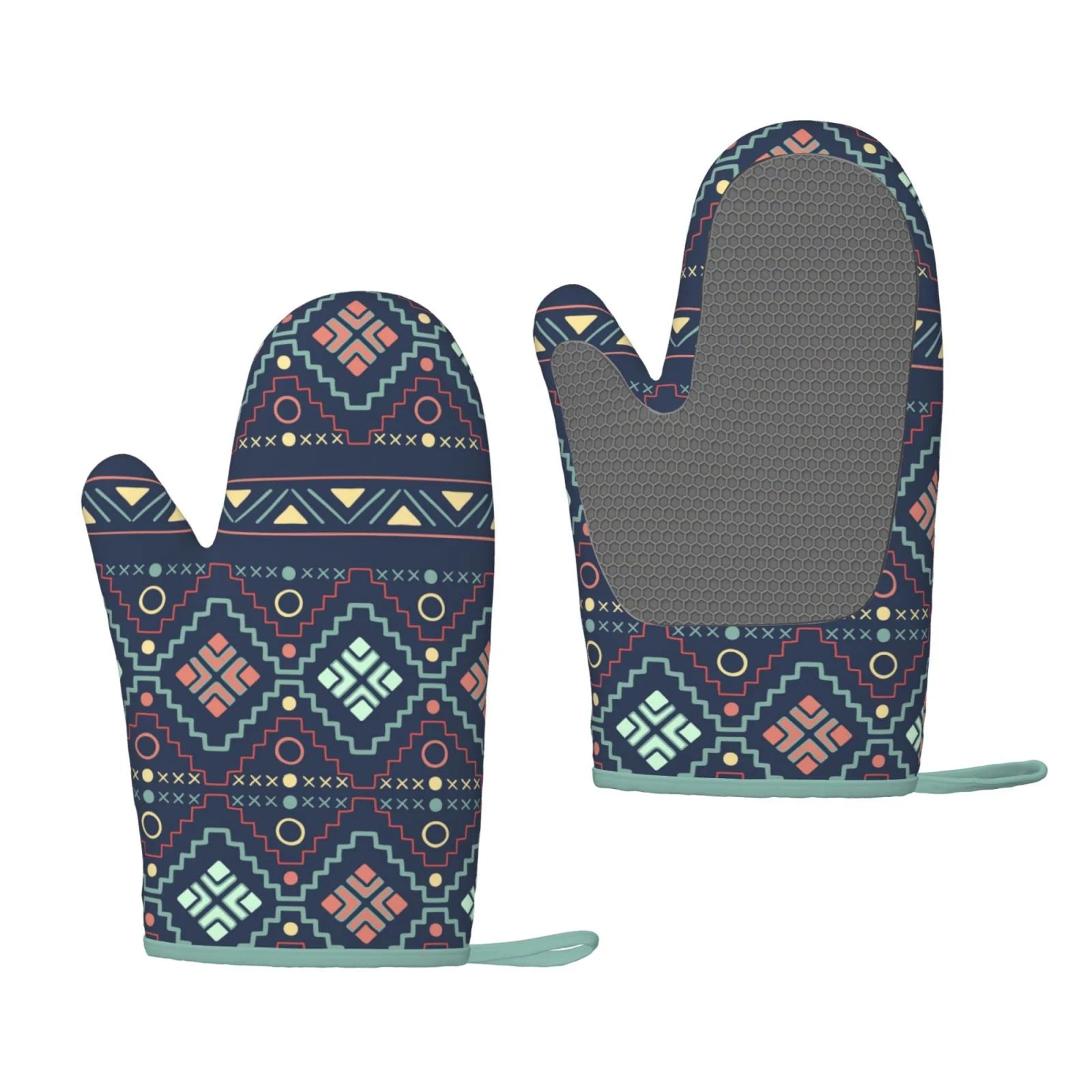 XMXT 2 Pcs Silicone Oven Mitts, Aztec Nation Tribal Patterns Thickened Non-Slip BBQ Gloves, Blue