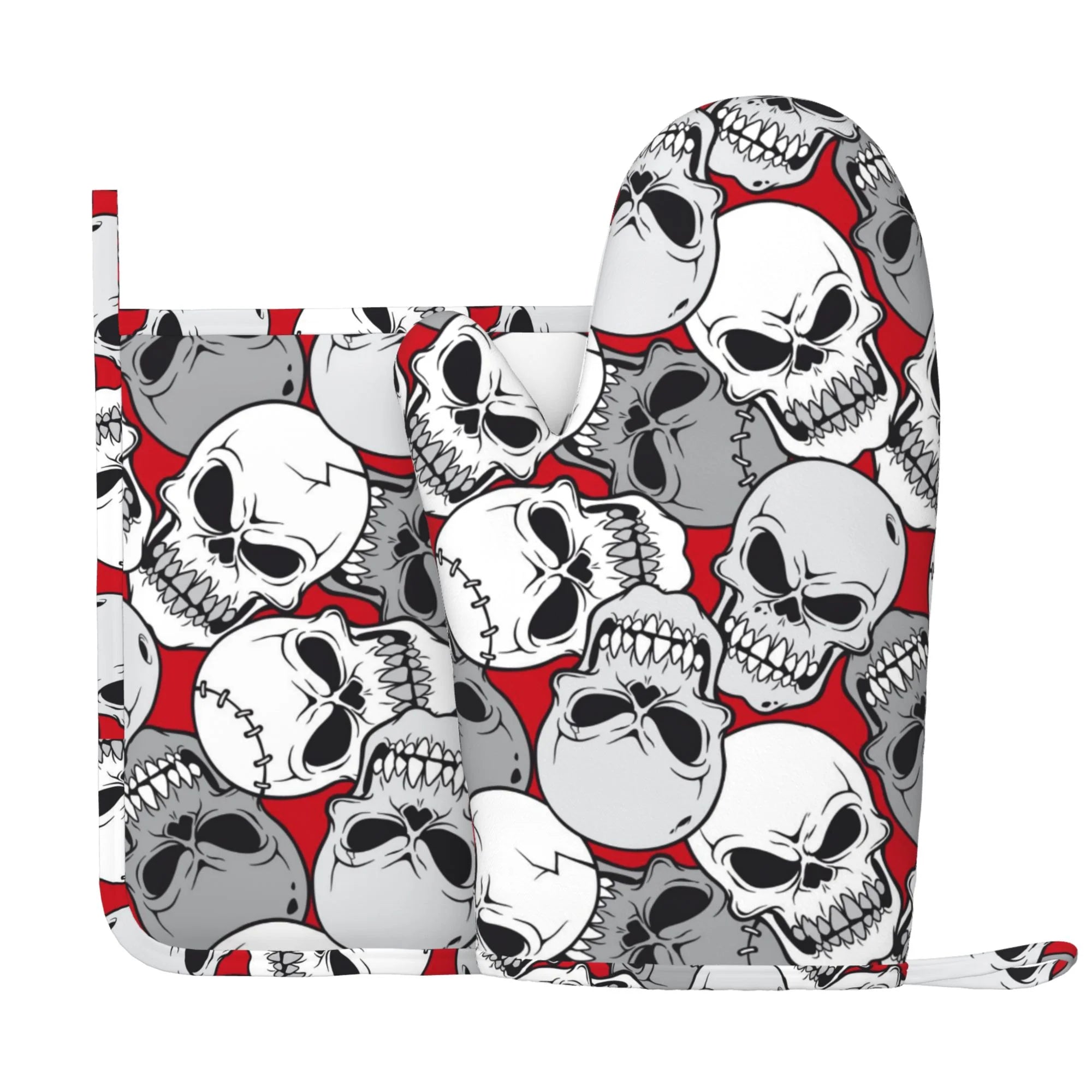 XMXY Oven Mitts and Pot Holders 2 Pcs Sets, Seamless Abstract Skull Cartoon Heat Resistant Silicone Cooking Gloves for Grill Baking BBQ Kitchen Decor