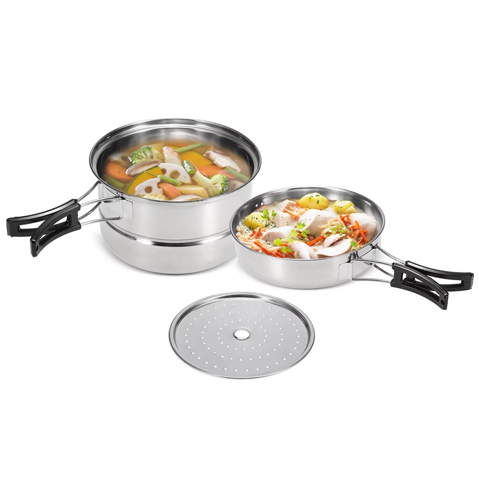 Convenient and SpaceSaving Stainless Steel Cookware Set for Camping and Kitchen Pot, Frying Pan, and Steaming Rack