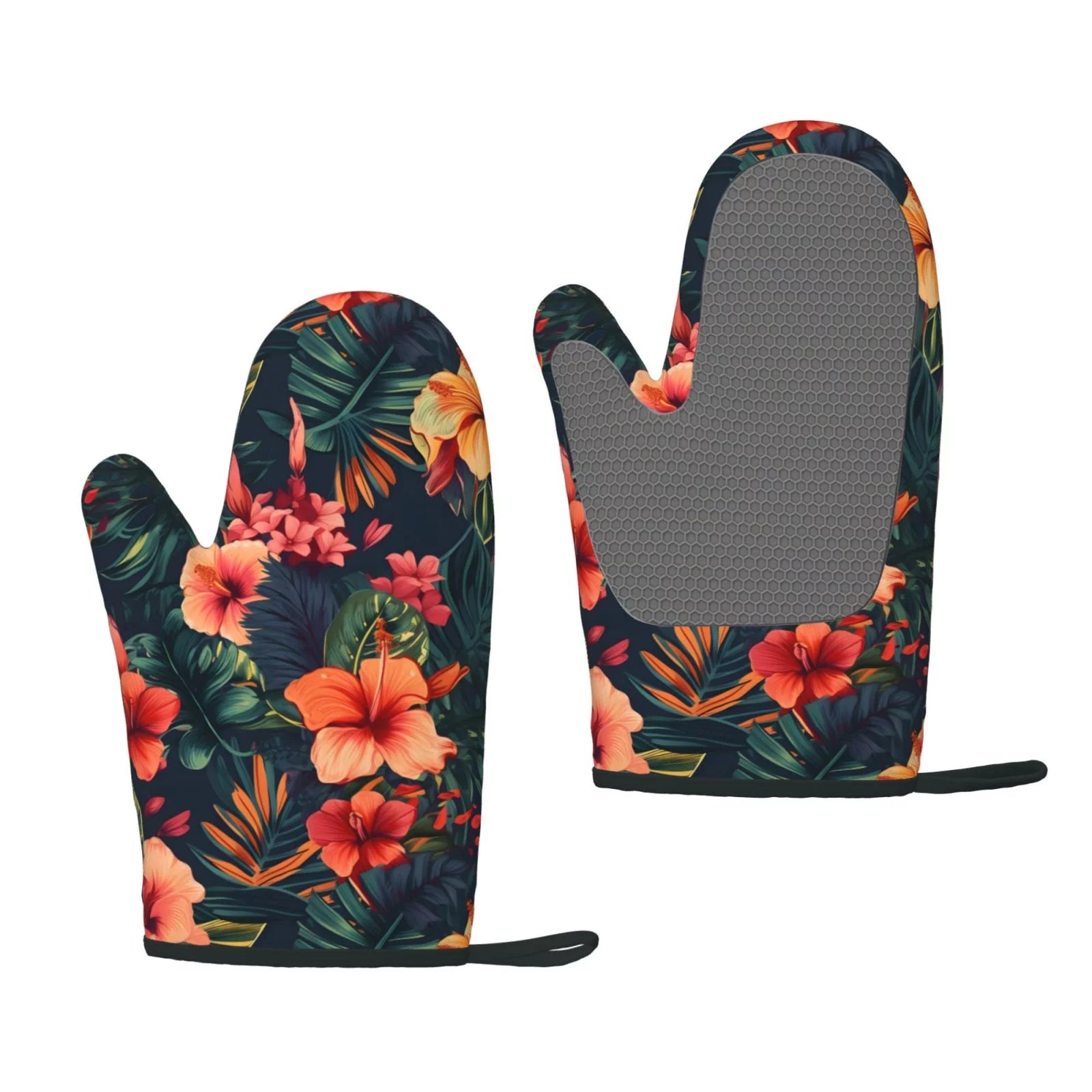 XMXT 2 Pcs Silicone Oven Mitts, Tropical Hibiscus Pattern Thickened Non-Slip BBQ Gloves, Multicolor