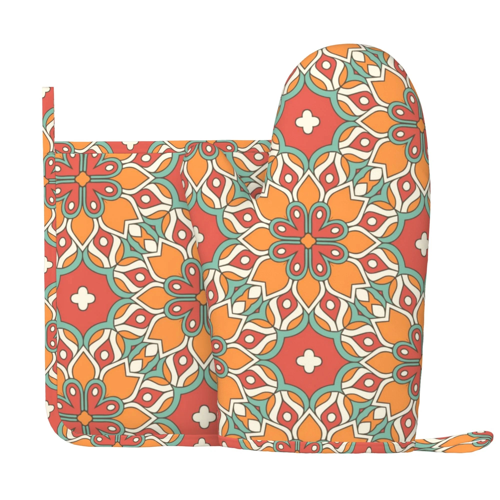 XMXY Oven Mitts and Pot Holders 2 Pcs Sets, Orange Geometric Seamless Flower Heat Resistant Silicone Cooking Gloves for Grill Baking BBQ Kitchen Decor