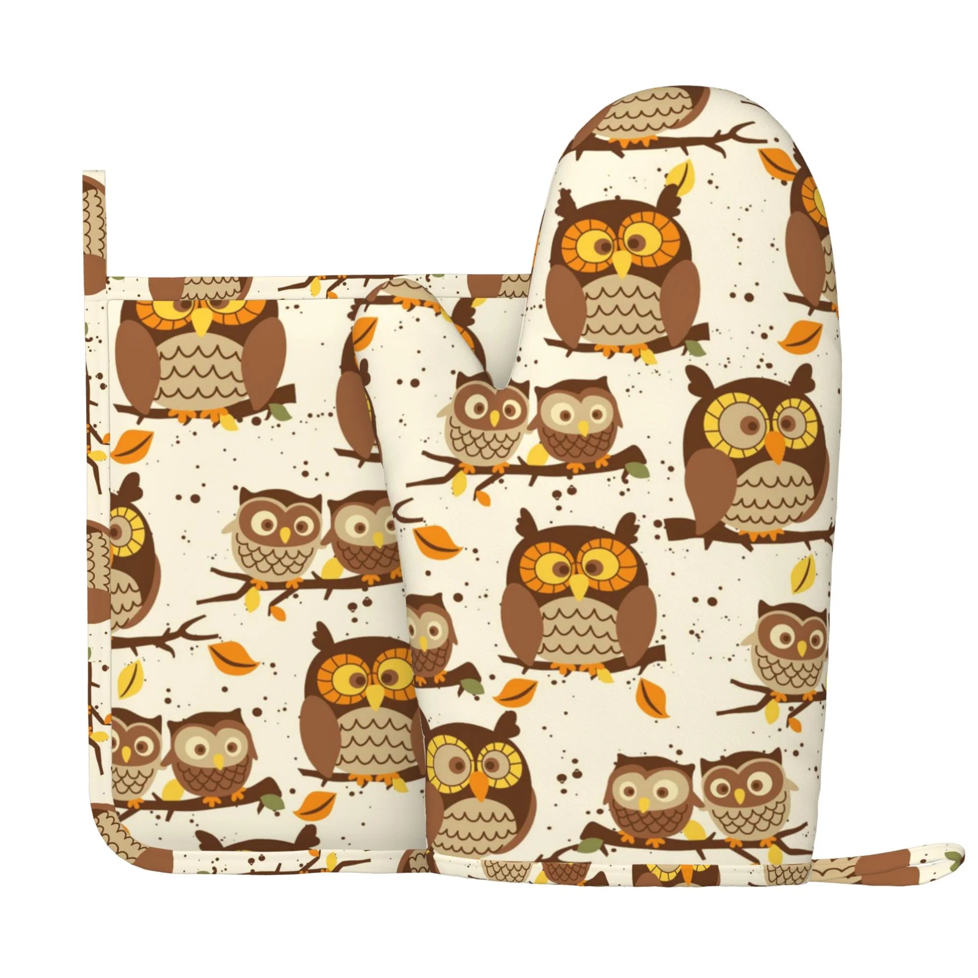 XMXY Oven Mitts and Pot Holders 2 Pcs Sets, Cute Owls Autumn Branches Heat Resistant Silicone Cooking Gloves for Grill Baking BBQ Kitchen Decor