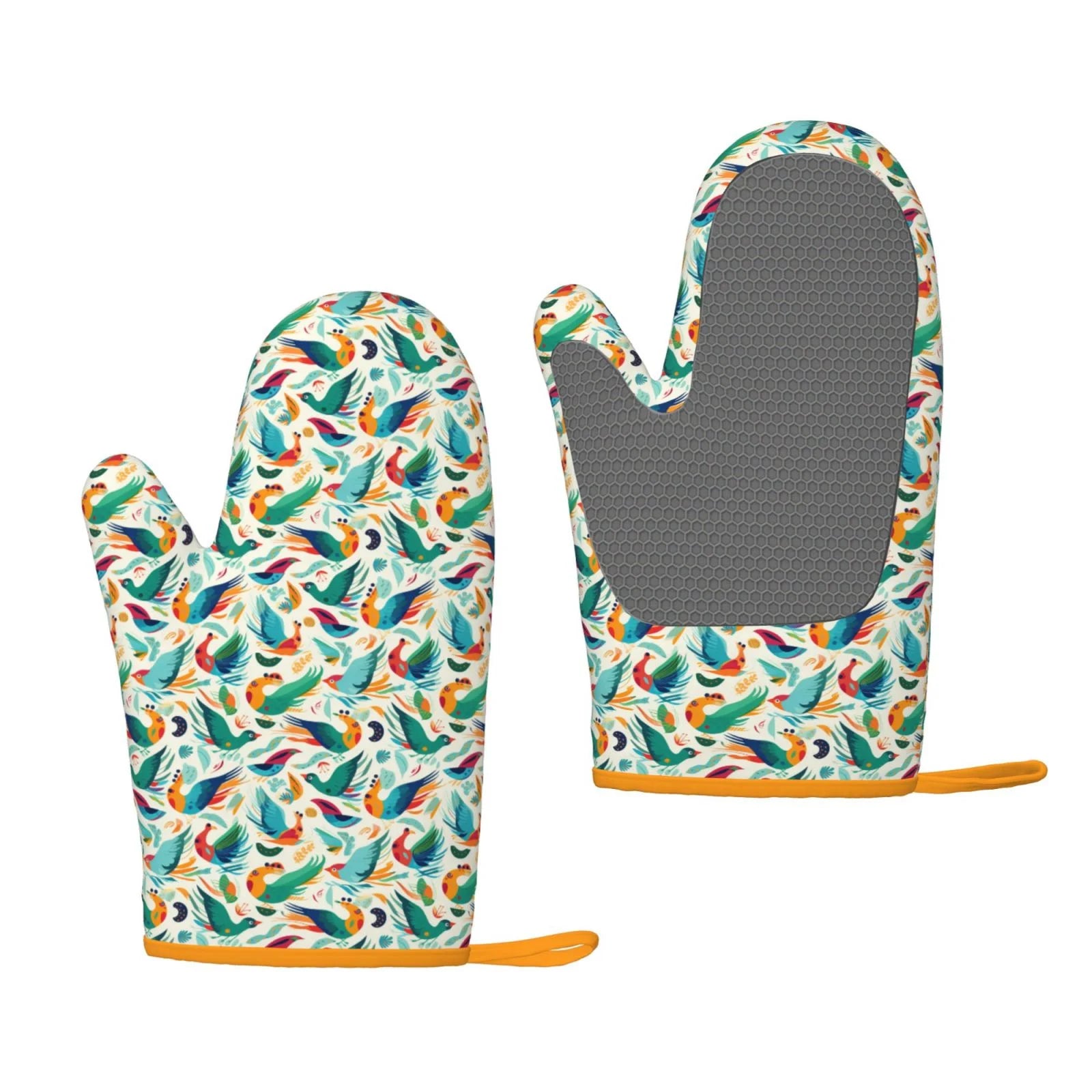 XMXT 2 Pcs Silicone Oven Mitts, Colorful Bird Print Thickened Non-Slip BBQ Gloves, Multicolor