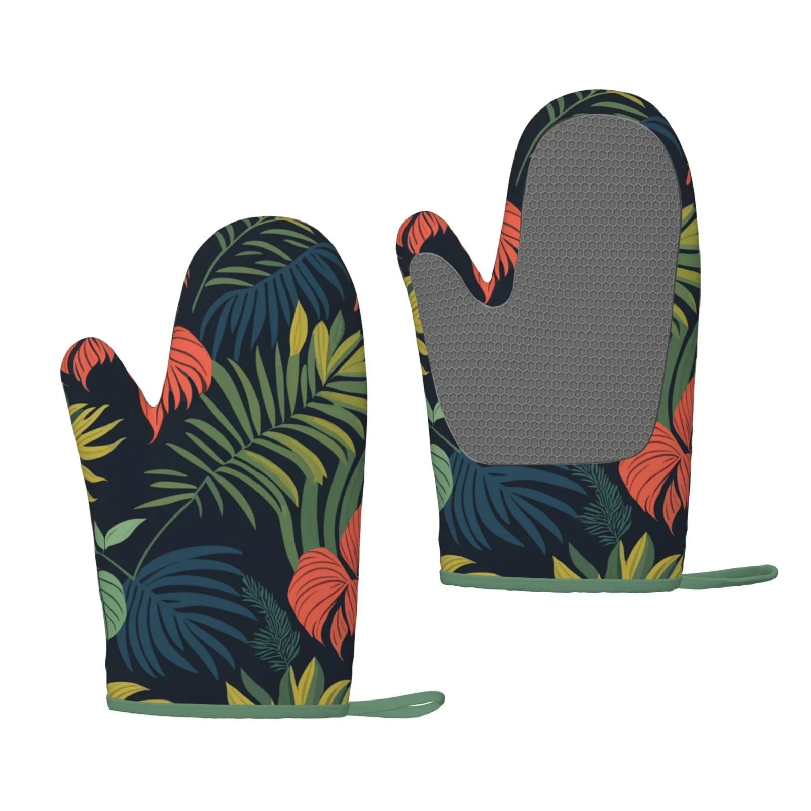 XMXT 2 Pcs Silicone Oven Mitts, Jungle Tropical Floral Print Thickened Non-Slip BBQ Gloves, Multicolor