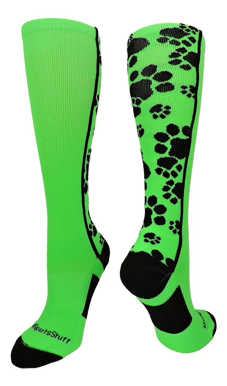 Crazy Socks with Paws Over the Calf (Neon Green/Black, Small)