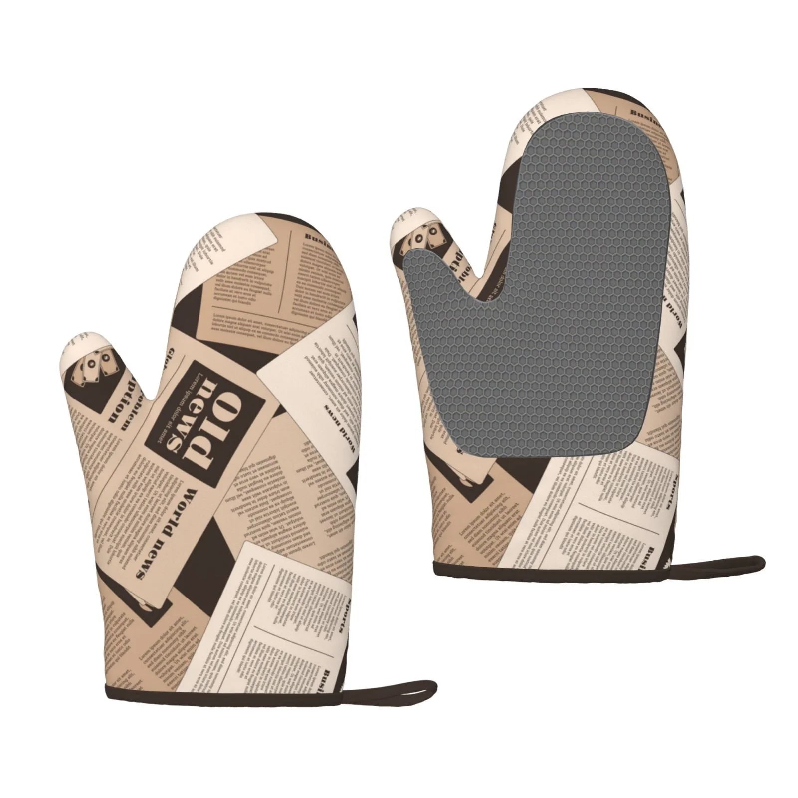 XMXT 2 Pcs Silicone Oven Mitts, Old Newspaper Hand Drawn Thickened Non-Slip BBQ Gloves, Brown